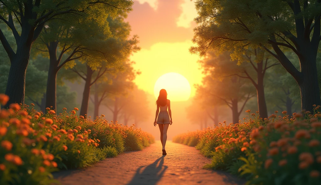 A long path leading toward the sunrise on the horizon. The woman walks with steady steps, moving away from the darkness and toward the light. The surrounding nature is vibrant, with green trees and blooming flowers, symbolizing newfound hope and freedom.style 3d pixar animation