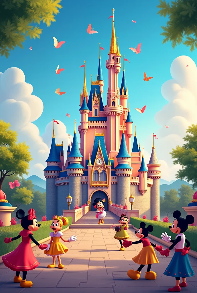 Create a portfolio cover on the theme of Children's Day with Disney characters highlighted in the background, Disney castle with name highlighted CHILDREN'S DAY PORTFOLIO
