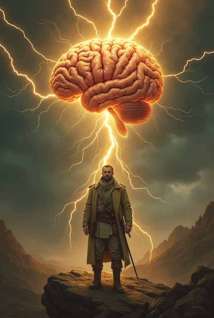 Classic book cover with a brain and lightning and a hunter in beige and gold tones