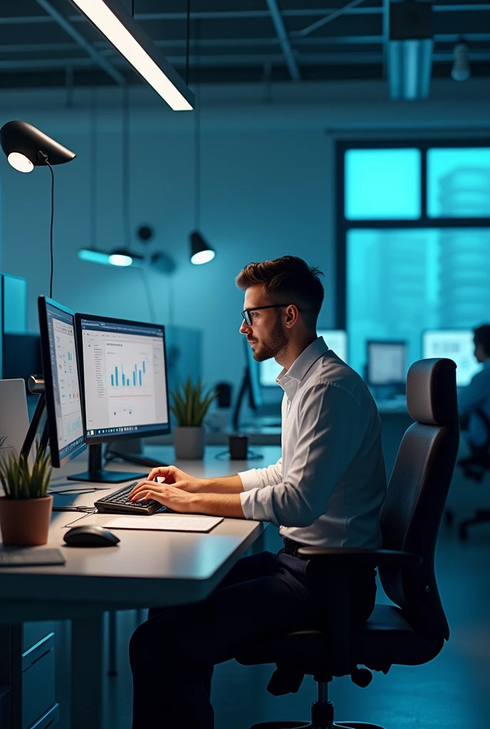 An accounting office with modern computers and electronic devices.
- An accountant working on a computer with accounting and data analysis software.
- Traditional elements such as accounting books, calculators and paper, in the background or being replaced by technology.