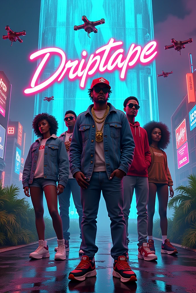 Design a 3d book cover fort the book dripetape.                                                                                                                                                        Book cover for Driptape:

A neon-lit cityscape with 90s-style graffiti adorns the background. In the foreground, a group of friends from the 90s East Oakland dope boy era pose confidently, surrounded by futuristic gadgets and lush greenery. The leader, dressed in a bold gold chain and oversized denim jacket, holds a bag full of stolen cannabis like a trophy. His crew, sporting retro-style sunglasses and chunky sneakers, stand shoulder-to-shoulder behind him.  The scene should have Four african american males and Two african american females, all dressed in fresh east oakland dope boy attire with a futuristic twist.

The city's towering skyscrapers are adorned with holographic advertisements and surveillance drones hover above, casting an air of paranoia. The group's adventure is captured in a split-second snapshot: they're on the run from the Grey State Nation's authorities, with surveillance drones chasing them down the street. In the distance, the imposing Ice Wall looms, symbolizing their next adventure.

In the top-left corner, the title Driptape is emblazoned in bold, graffiti-style letters, while the tagline High-stakes, high-tech, and higher than the rest appears below. The cover art blends futuristic and retro elements, reflecting the story's unique blend of cannabis culture, technological advancements, and 90s nostalgia.