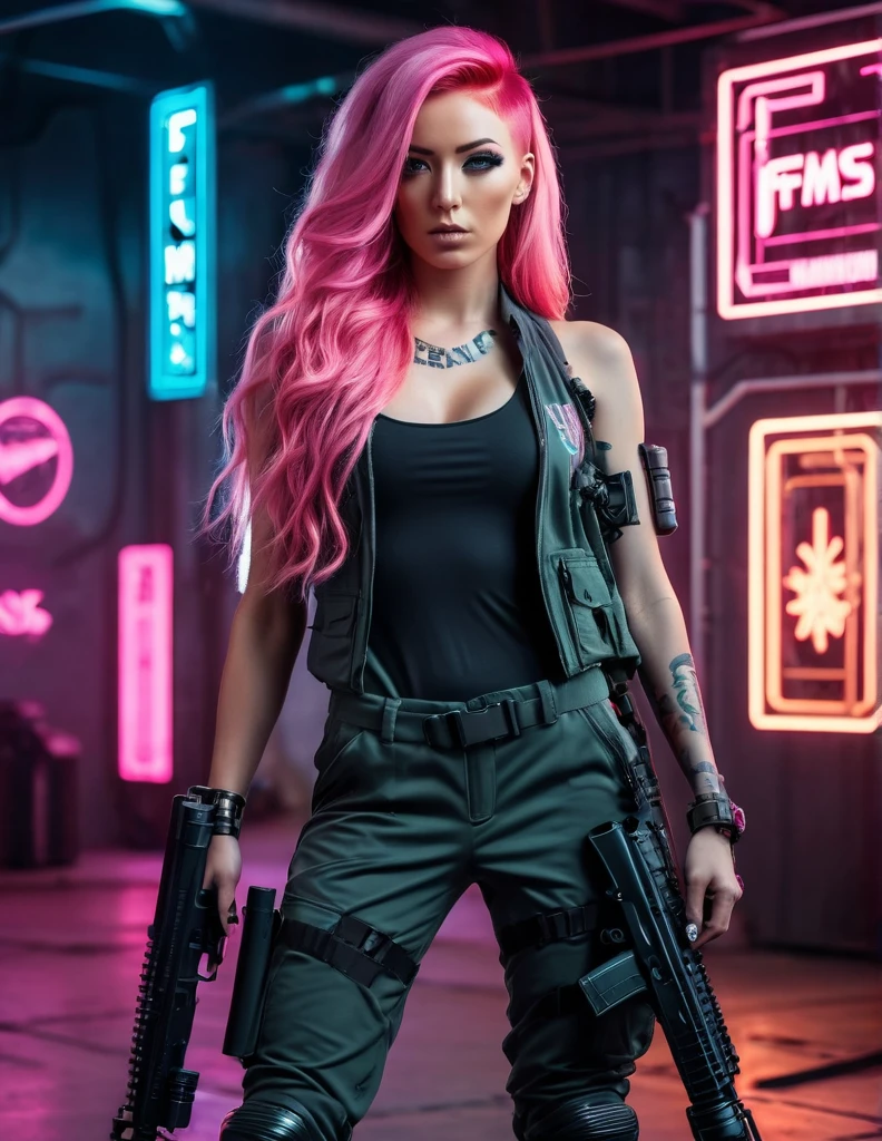A very attractive woman with long, flowing pink hair. She is wearing a long jumpsuit. Behind her is a tank with a neon sign that says “FMS-134” artillery woman, shooter, murderer. cyber punk.  Woman with a rifle in her hand. high resolution, ultra HD, high qualiy, 