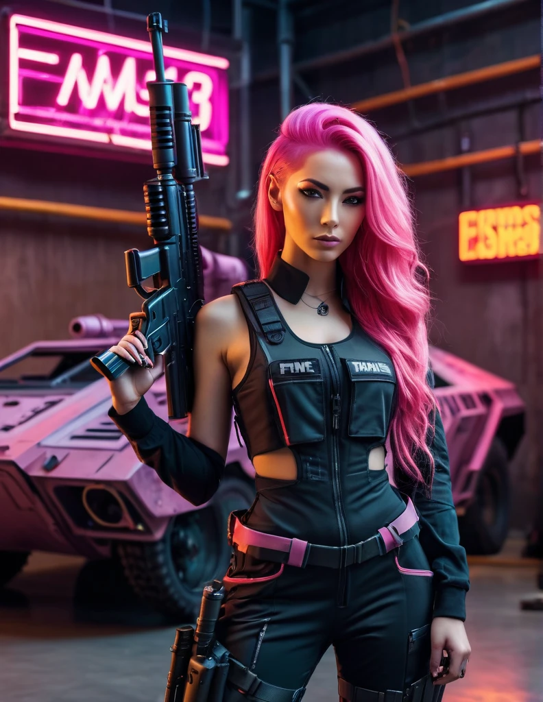 ((best quality ultra detailed)), ((masterpiece)), (highly detailed:1.3), 3D, Beautiful (cyberpunk:1.3) (((define the details very well))), Beautiful woman with wavy and voluminous hair in modern style,((with weapons in hands)), (((futuristic mad max movie style backdrop))), (((at night pink and cyan neon lighting))),(((8k)))