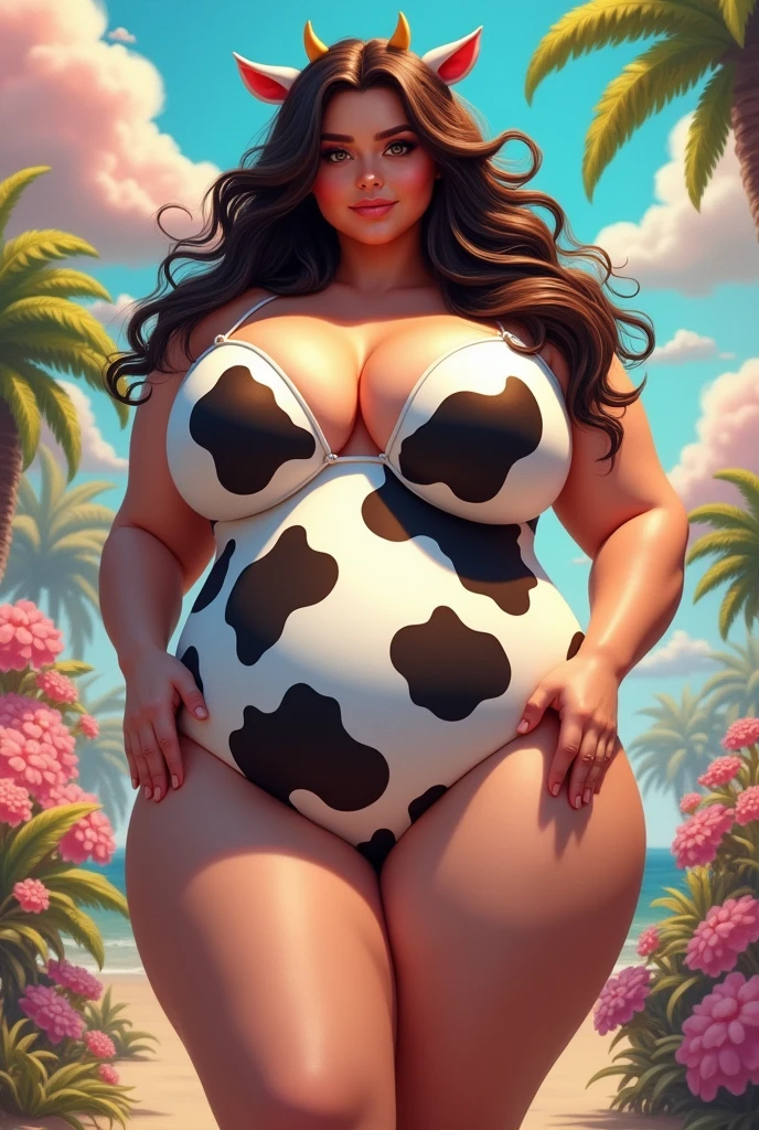 A girl with huge thighs and gigantic breasts in a cow suit with dark brown hair