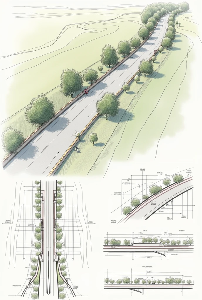 Design and illustrate a 200-meter segment of a secondary road, incorporating both the Plan and Profile views, as well as Typical Cross Sections, using "desirable" geometric parameters. 1x2 lane.

Ensure that your sketches are clear, legible, and accurately represent your design.
