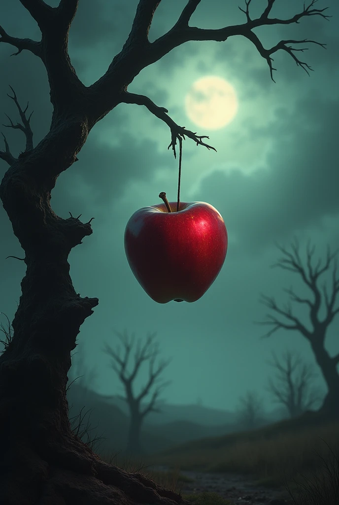 an apple hanging low on a tree branch gleaming under the hot sun, nightmare