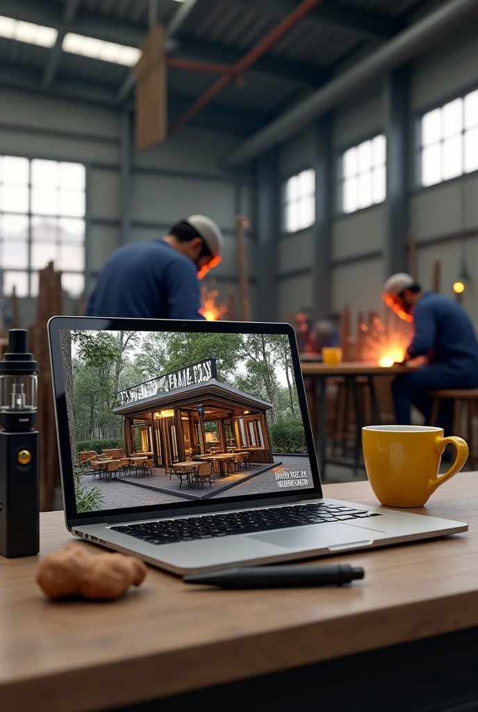 Laptop screen shot showing 3d design of iron frame cafe. Beside the laptop is a black vape the size of a finger and a yellow coffee cup.. Behind the laptop there are several welders welding iron fences and canopies in a large warehouse with lots of iron poles., there is an iron board written "lasvegas workshop" in Indonesian
