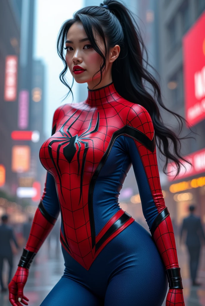 Voluptuous Asian girl dressed as spiderman 