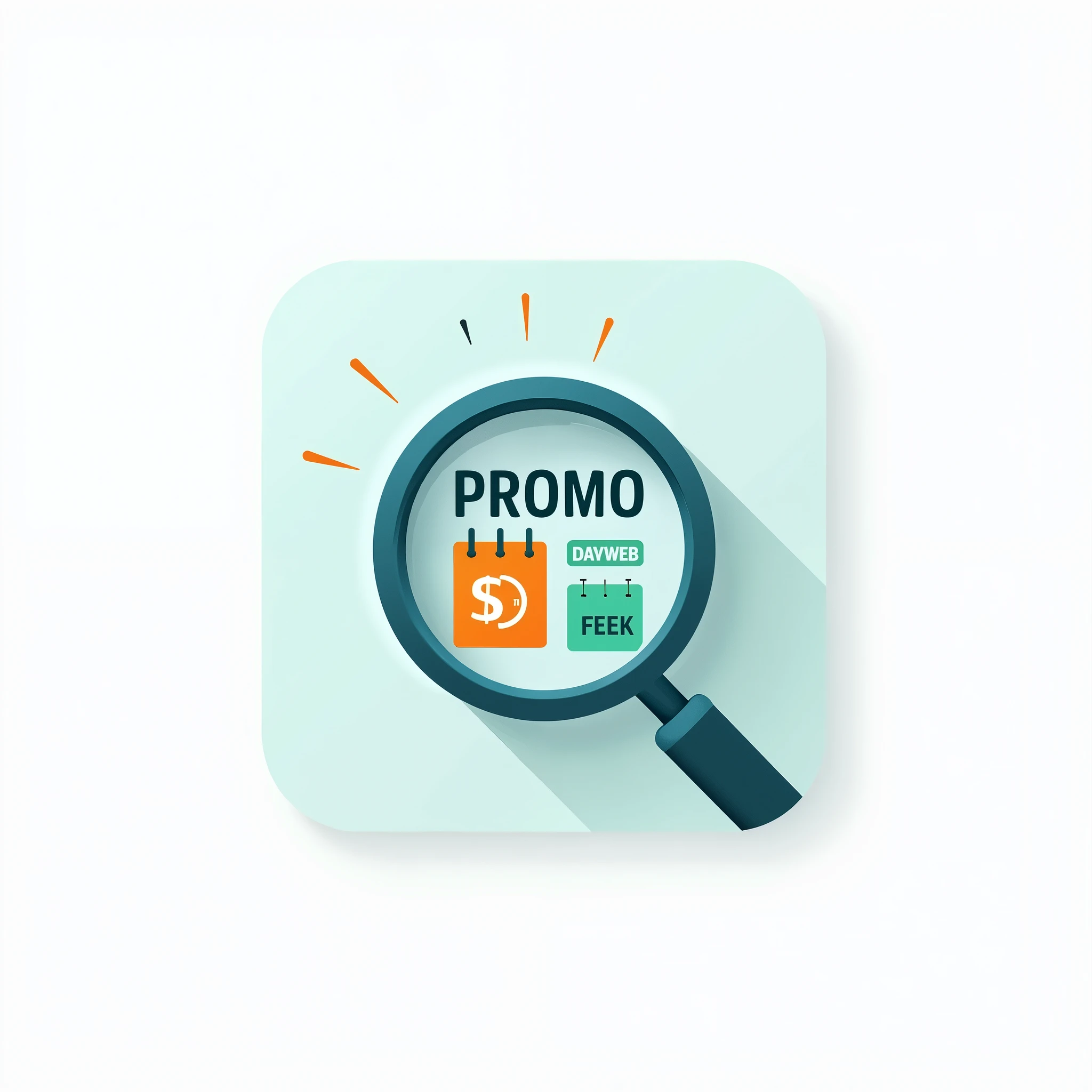 A logo template for a offers page Create a vector logo of a magnifying glass icon. Adjust the size and position to make it stand out.
Add a small calendar integrated into the magnifying glass icon. Make sure the calendar is subtle and doesn&#39;t overwhelm the design..
Apply blue color to magnifying glass icon to convey trust.
Use green on the calendar to represent offers.
Add pops of orange to your design to highlight important elements and draw attention..
Typography:
Select a clean, modern font. "promo" choose a bold font and to "DayWeb", a simpler source.
Insert text into the design. Posicione “promo” e “DayWeb” de forma equilibrada com o ícone.
Final Adjustments:
Ensure the design is clear and readable at different sizes.
Adjust the spacing and alignment of elements for a harmonious look.