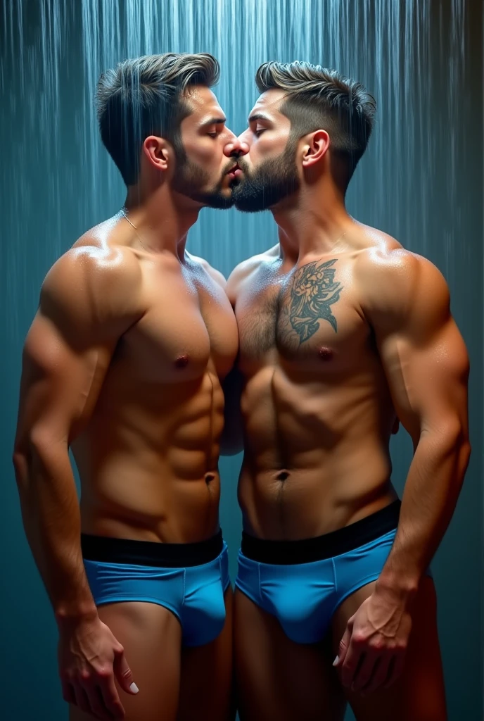 2 Young Male stripper with an athletisch look and chest tattoo which wears a bright blue jockstrap with with a black waistband a big bulge around others under the shower frontal look kissing