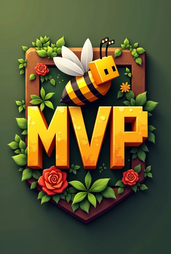 A emblem written "MVP'', with orange-yellow color minecraft theme with a minecraft bee