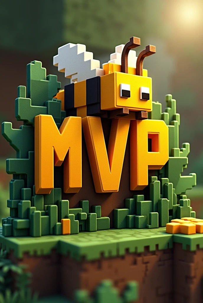A emblem written "MVP'', with orange-yellow color minecraft theme with a minecraft bee