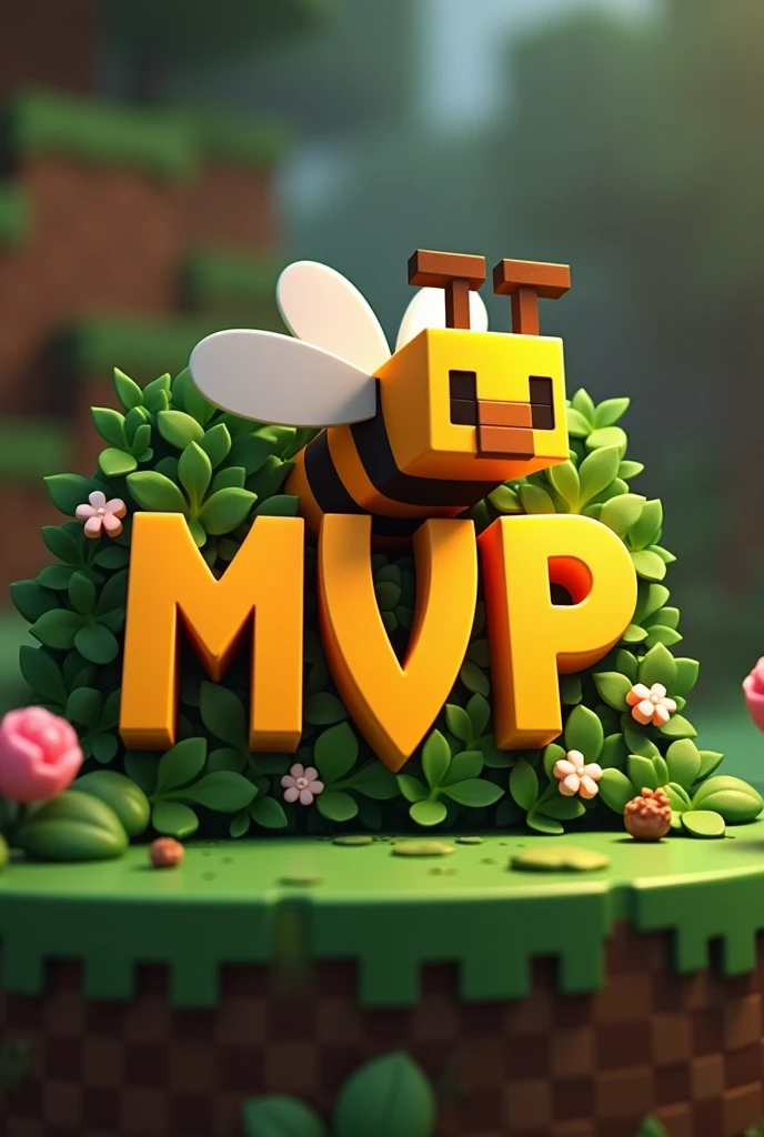 A emblem written "MVP'', with orange-yellow color minecraft theme with a minecraft bee