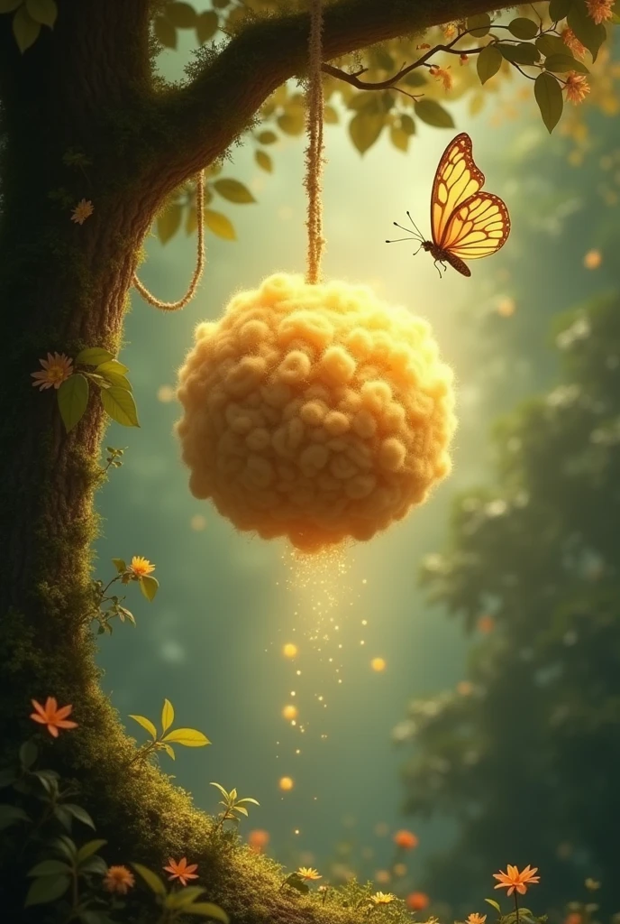 High up in the tree there was a ball of very golden wool hanging. The butterfly landed gently on the ball and disappeared. 