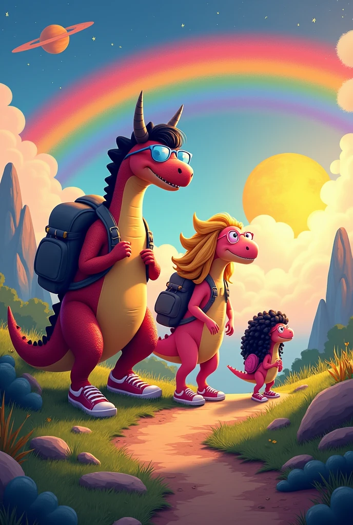 Father dinosaurs high, Bblack hair, Wearing blue glasses, wearing sneakers, large gray backpack. Tall beautiful pink dinosaur mother, long curly blonde hair, Wearing Pink Glasses, turned legs, wearing sneakers, black backpack. Pink Dinosaur Daughter, Wearing Pink Glasses, long black curly hair, wearing sneakers, pink backpack. Bright orange sun in the sky, very beautiful rainbow, medium moon and Jupiter. trail landscape. Disney style.