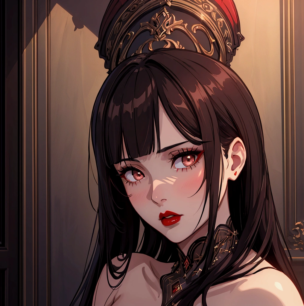 a beautiful young girl with dark hair and dark eyes, luscious red lips, dramatic pose, portrait, photo, detailed facial features, high quality, photorealistic, 8k, hyperrealistic, cinematic lighting, dramatic shadows, vivid colors, intricate details, masterpiece, elegant, fashion, glamorous