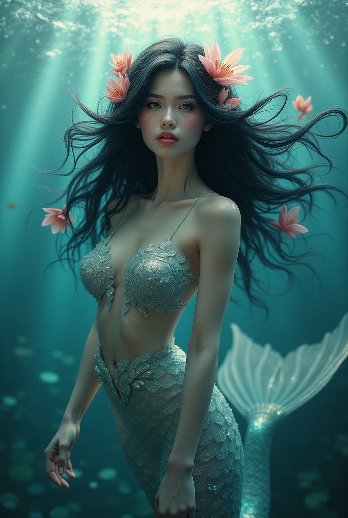 mermaid, black hair adorned with flowers, swimming in the seas, looking at the camera