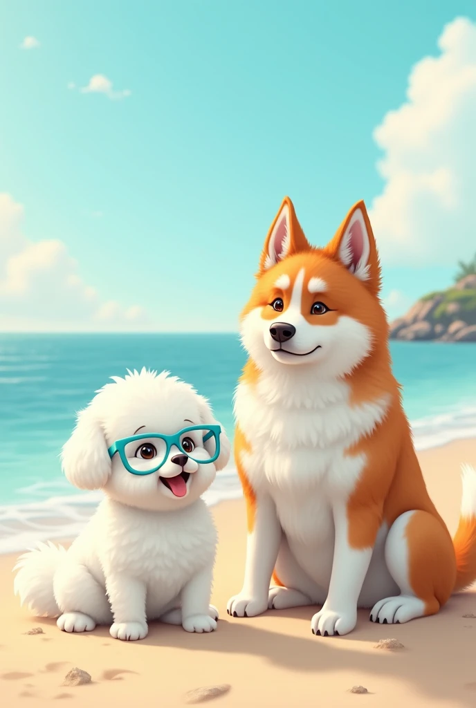 White Bichon Havanese dog wearing light blue frame glasses next to an American Akita on a beach
