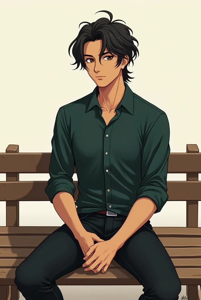 A man of medium height with long wavy hair wearing a dark green shirt and black jeans with a calm look, his eyes are dark brown and his mouth is well drawn sitting on a bench with brown skin without a beard in anime style