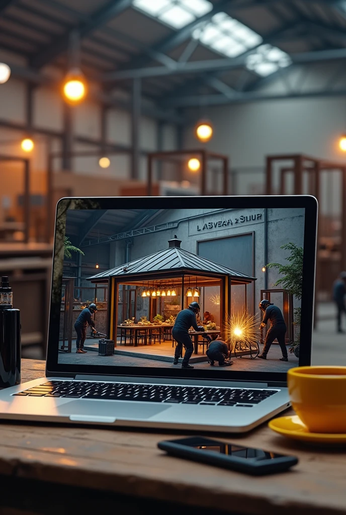 Laptop screen shot showing 3d design of iron frame cafe. Beside the laptop is a black vape the size of a finger and a yellow coffee cup.. Behind the laptop there are several welders welding iron fences and canopies in a large warehouse with lots of iron poles., there is an iron board written "lasvegas workshop" in Indonesian