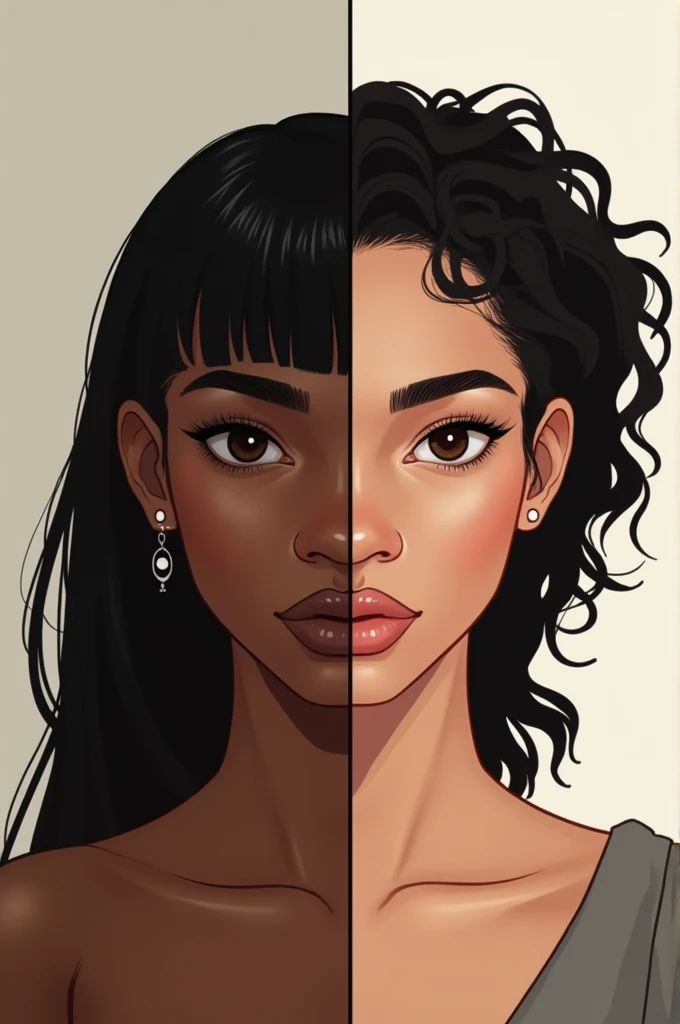 create an image that will be used as a profile picture for two people, create a dark skin tone, with bangs, long dark hair, and dark brown eyes, Also create one next to it with a lighter skin tone, dark curly mullet hair