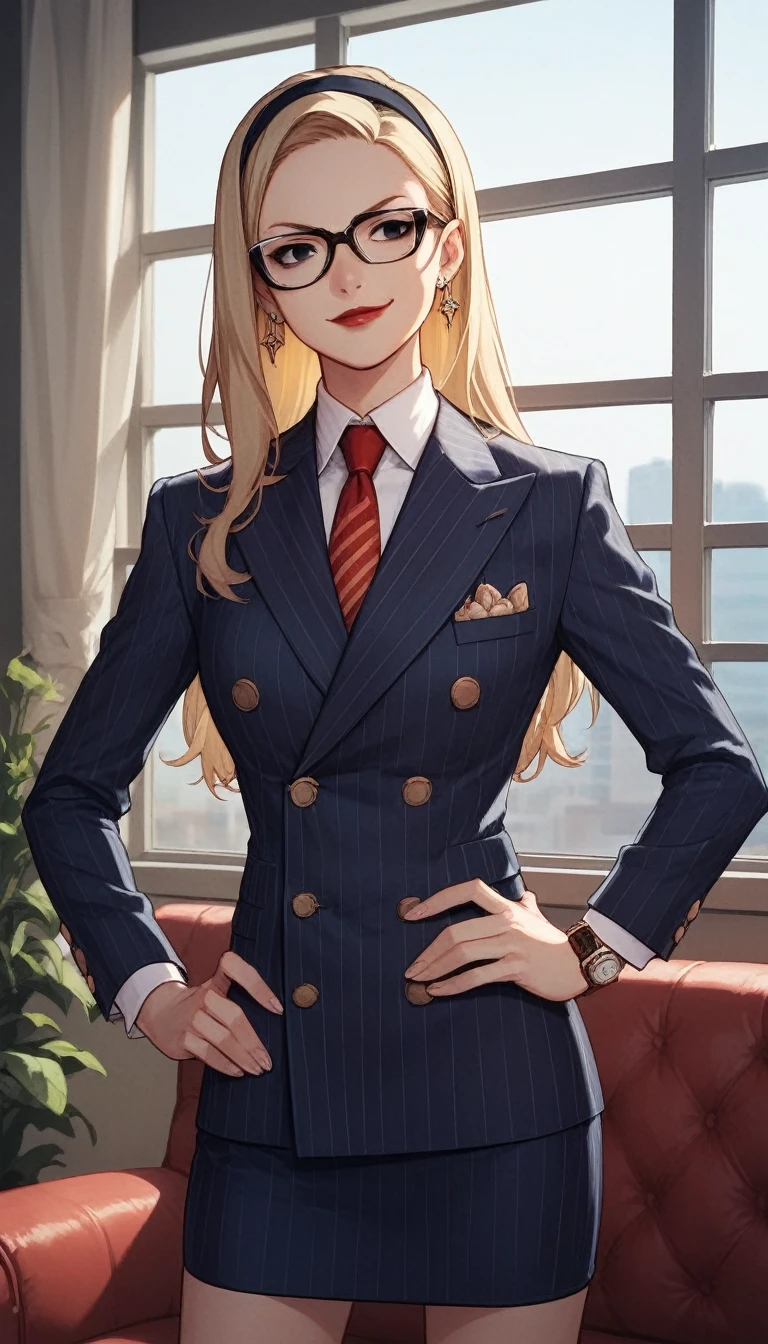 score_9, score_8_up, score_7_up, score_6_up, source_anime, double-breasted suits, 1girl, solo, blonde hair, long hair, swept back hair, hairband, glasses, formal, jewelry, suit, red necktie, earrings, jacket, shirt, standing, hand on hip, window, black eyes, watch, navy pinstripe jacket, wristwatch, light blue shirt with white shirt collar, red lips, skirt, makeup, smirk