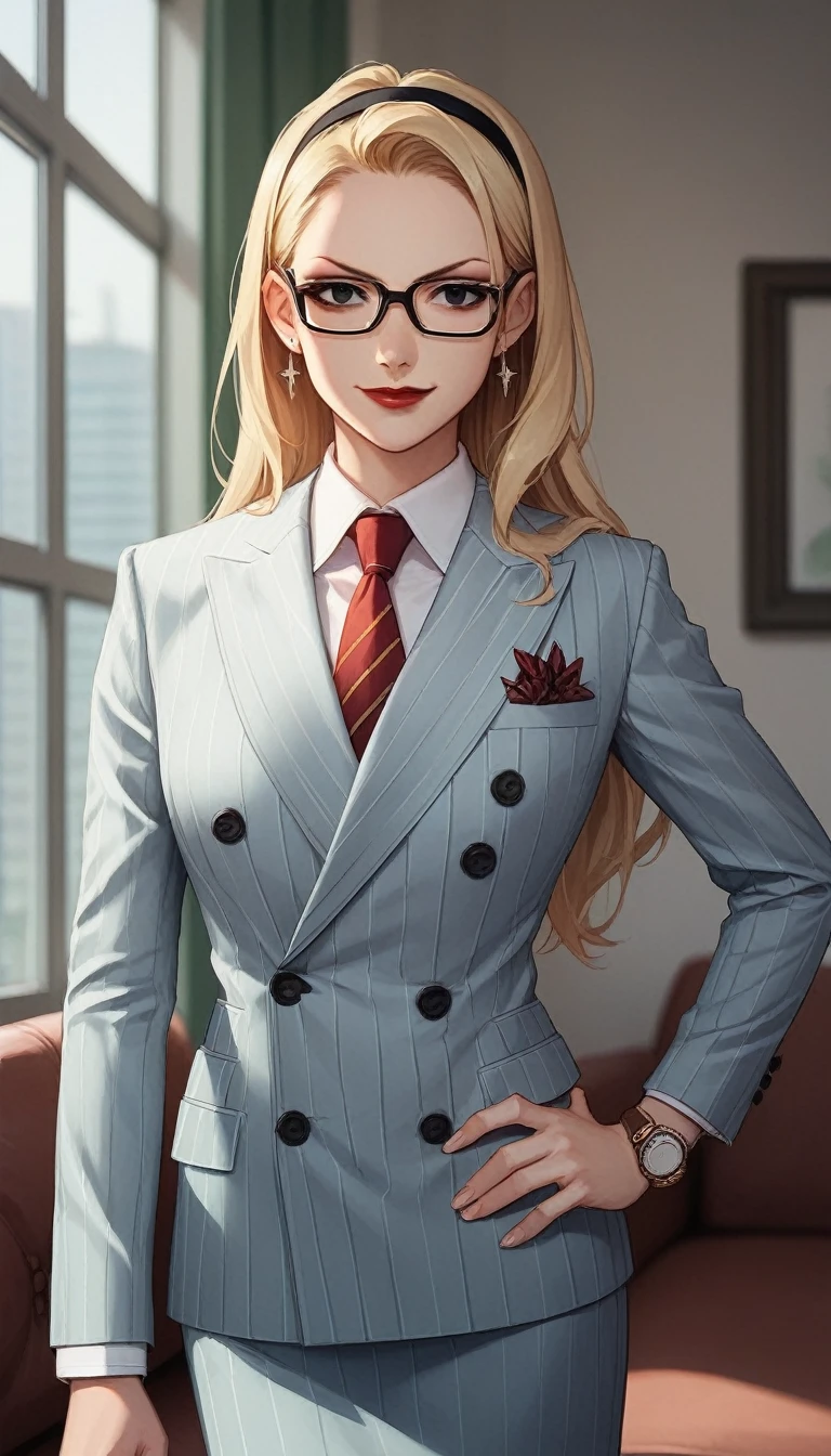 score_9, score_8_up, score_7_up, score_6_up, source_anime, double-breasted suits, 1girl, solo, blonde hair, long hair, swept back hair, hairband, glasses, formal, jewelry, suit, red necktie, earrings, jacket, shirt, standing, hand on hip, window, black eyes, watch, navy pinstripe jacket, wristwatch, light blue shirt with white shirt collar, red lips, skirt, makeup, smirk