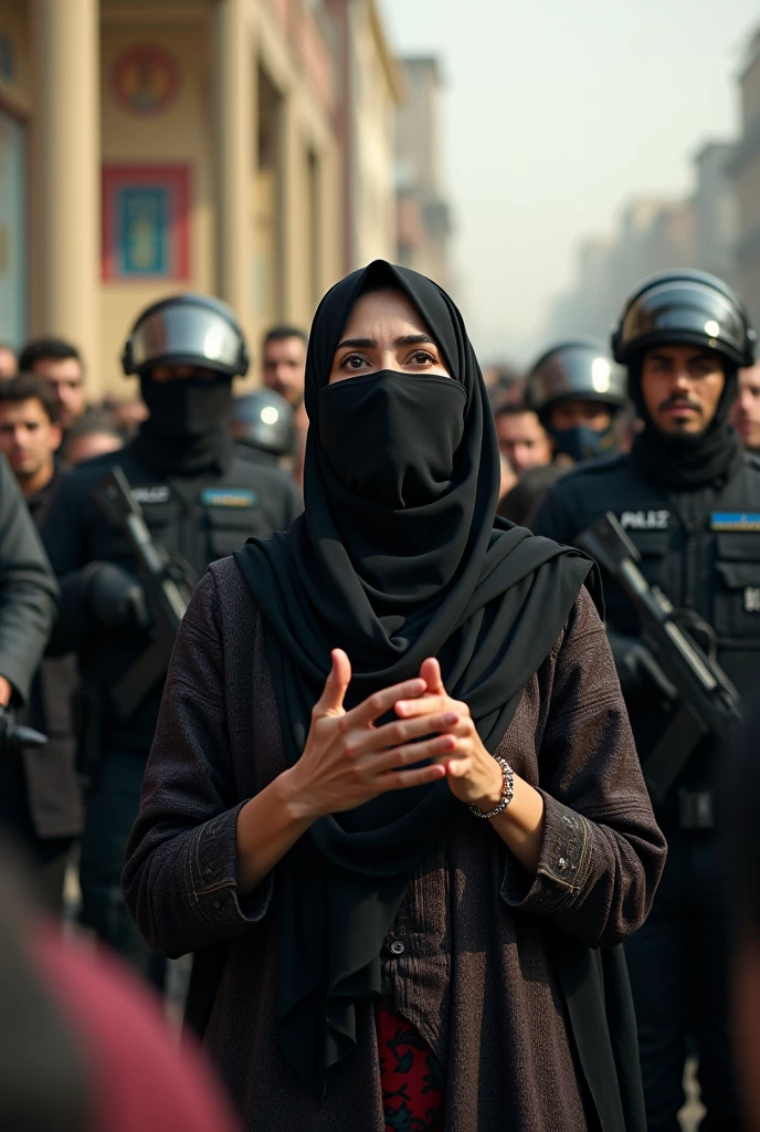 Draw me a picture of a woman preaching the word of God in Iran with her face covered and preaching and speaking to other people while being threatened by police guns