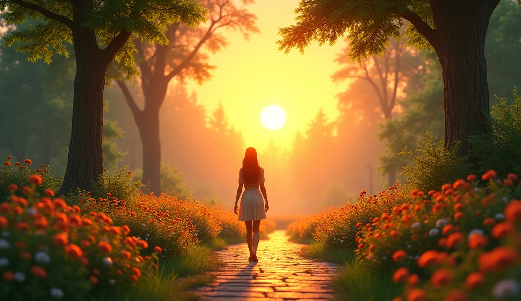 A long path leading toward the sunrise on the horizon. The woman walks with steady steps, moving away from the darkness and toward the light. The surrounding nature is vibrant, with green trees and blooming flowers, symbolizing newfound hope and freedom.style 3d pixar animation