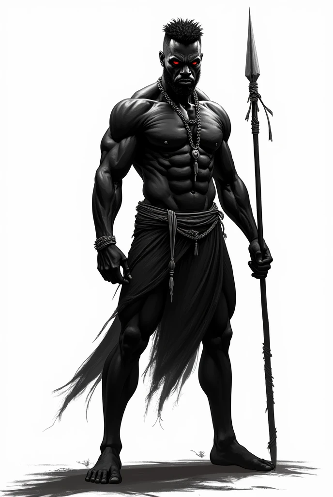 african tribal man, black skin, red eyes, spear, full body, white background