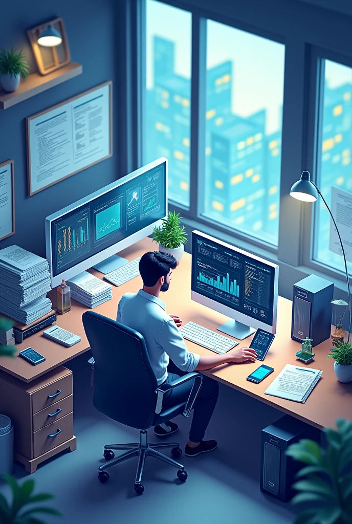An accounting office with modern computers and electronic devices.
- An accountant working on a computer with accounting and data analysis software.
- Traditional elements such as accounting books, calculators and paper, in the background or being replaced by technology. Let it be animated so I can draw it