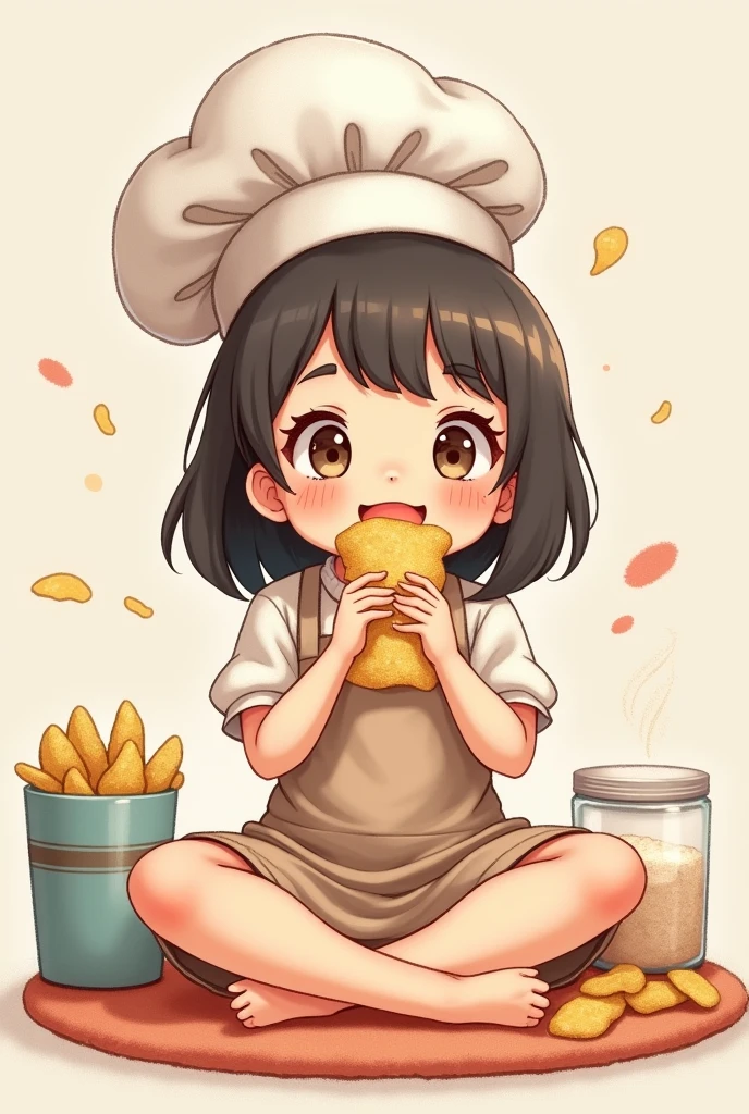 Baby girl chef in drawing eating chips