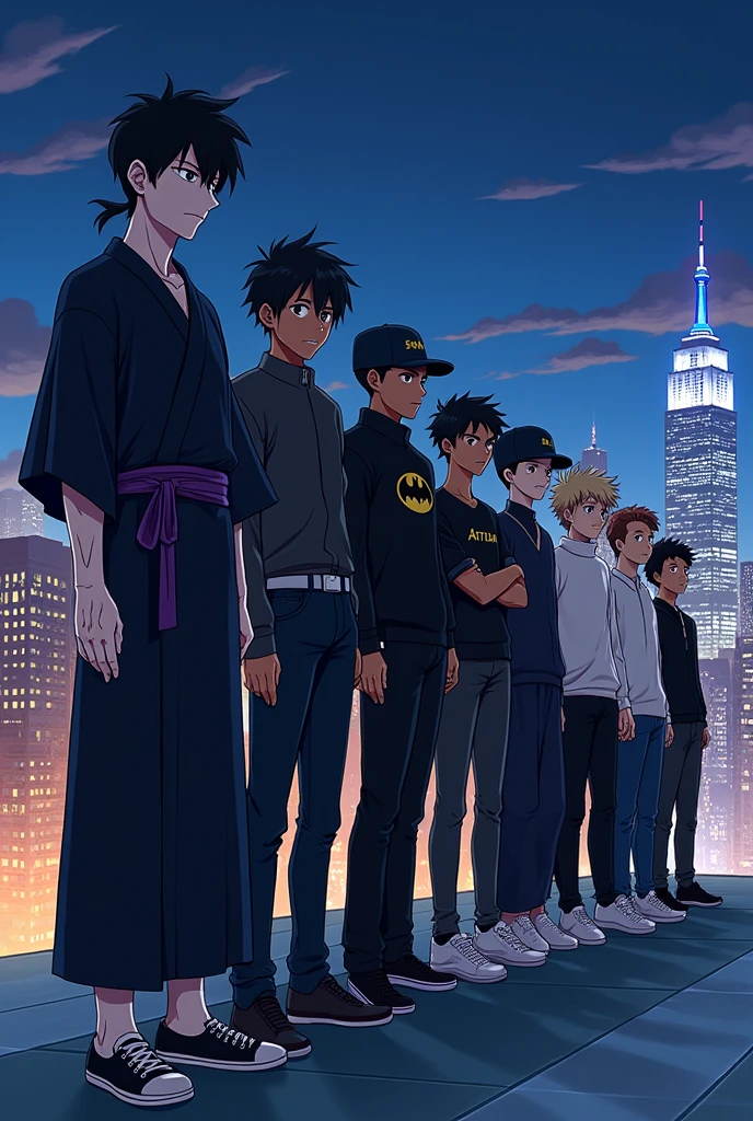 Create an image of 10 anime style friends, in the background there is a city and it is night in the city, New York style, and they are side by side on top of a building looking at the view.

The first, he is wearing a black kimono and his arms have veins, it is white in tone.
he has black hair and he has a purple belt tied around his waist, he has a confident face, but without smiling. He&#39;s wearing black sneakers.

the second, wears black clothes, is wearing a sweatshirt and black pants, and shoes too. is wearing a black hat. and his mouth has a slight smile. and his eyes shine white. your hair is black. He has a white belt around his waist.

The third, is wearing jeans and a Batman symbol shirt. and a black sneaker too. your hair is black, and your skin tone is black.

The fourth, he is wearing white sneakers, he is wearing black jeans, and a turtleneck shirt, He has brown hair and is smiling and his skin tone is light.



