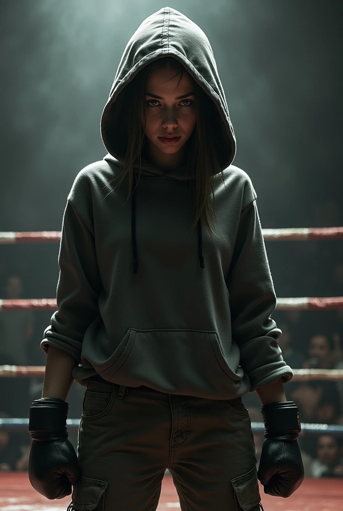 Pov of a boxing match with a girl in hoodie and cargo pants 