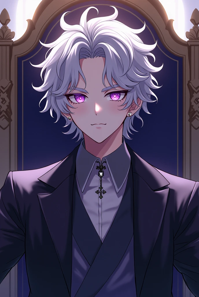 Anime, handsome youth, curly silver hair, mesmerising amethyst eyes, male idol, left ear piercing in form of a cross, noble bearing, demon ascendance, sitting on a throne, cadis etrama di raizel appearance