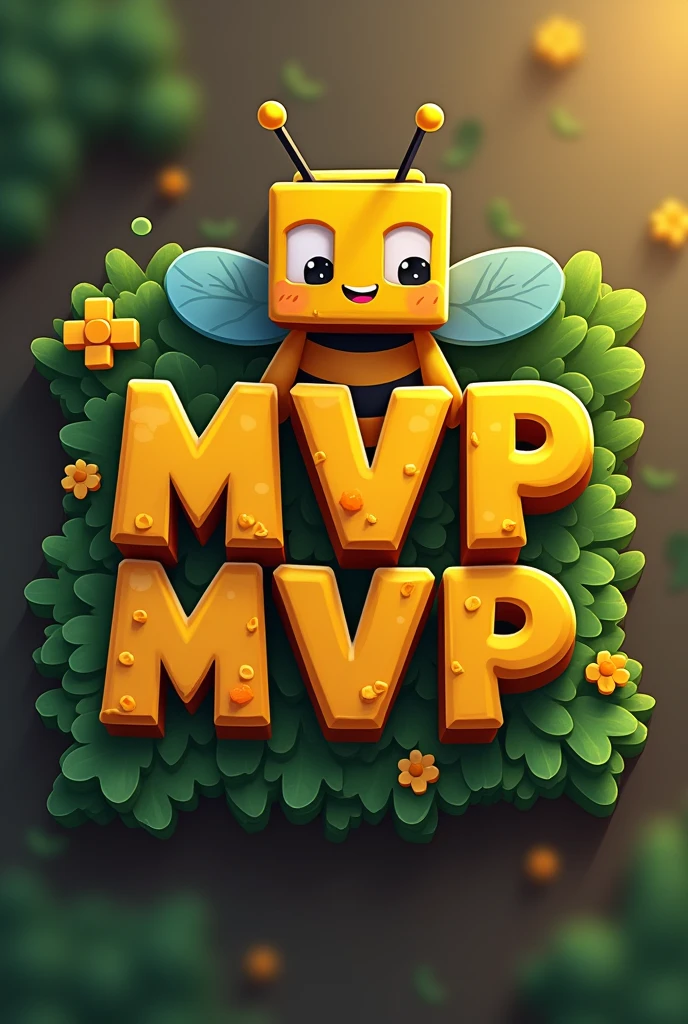 A emblem written "MVP'', with orange-yellow color minecraft theme with a minecraft bee