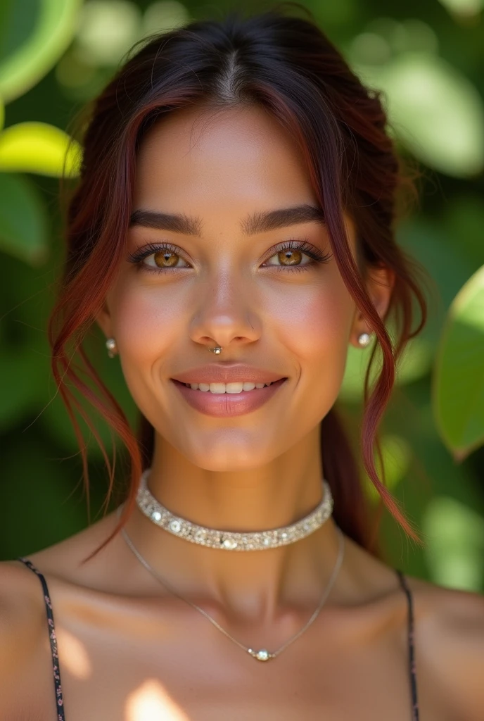 
The image showcases a young woman with a radiant and smooth medium-brown skin tone. Her hair is burgundy parted down the middle and styled in a sleek, low-maintenance updo, with two loose tendrils framing her face, giving her a natural and effortless look. She wears a delicate, sparkling choker necklace that adds a touch of elegance and draws attention to her collarbone and neckline. 

Her facial expression is confident and inviting, with a subtle, knowing smile that exudes charm. Her makeup is minimal, allowing her natural beauty to shine through. The nose is adorned with a small, silver nose ring, adding a hint of edginess to her otherwise soft appearance.

The background features lush greenery, suggesting the photo was taken outdoors on a bright, sunny day, which enhances the vibrancy of her skin and the sparkle of her jewelry. The overall atmosphere of the image is warm, inviting, and full of natural beauty.
