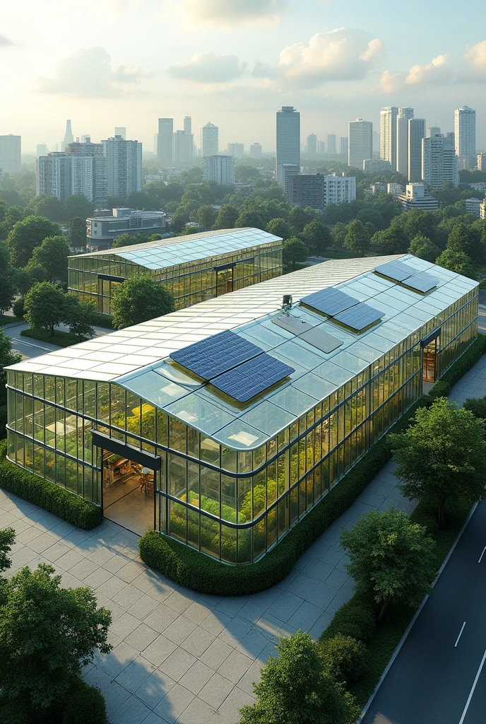 Show me a greenhouse solution design with solar panels and internet, multifunctional
