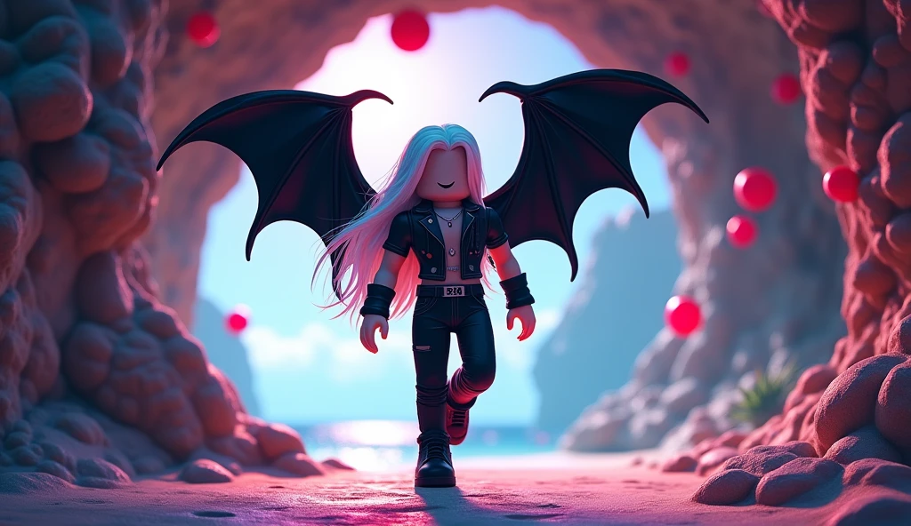 Beautiful tall square Roblox male doll, with long white hair, rocker clothes with black jeans and two black bat wings and no lips, white skin, no mouth and beautiful body, dancing in a cave with balloons, cartoon, Vice City GTA, background of a beach in a cave, Party