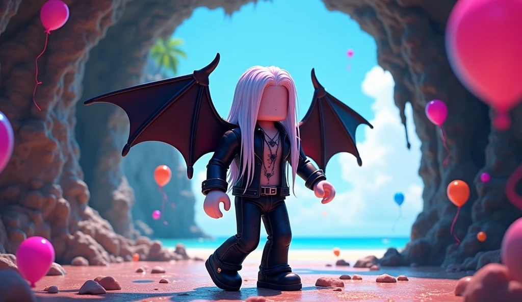 Beautiful tall square Roblox male doll, with long white hair, rocker clothes with black jeans and two black bat wings and no lips, white skin, no mouth and beautiful body, dancing in a cave with balloons, cartoon, Vice City GTA, background of a beach in a cave, Party
