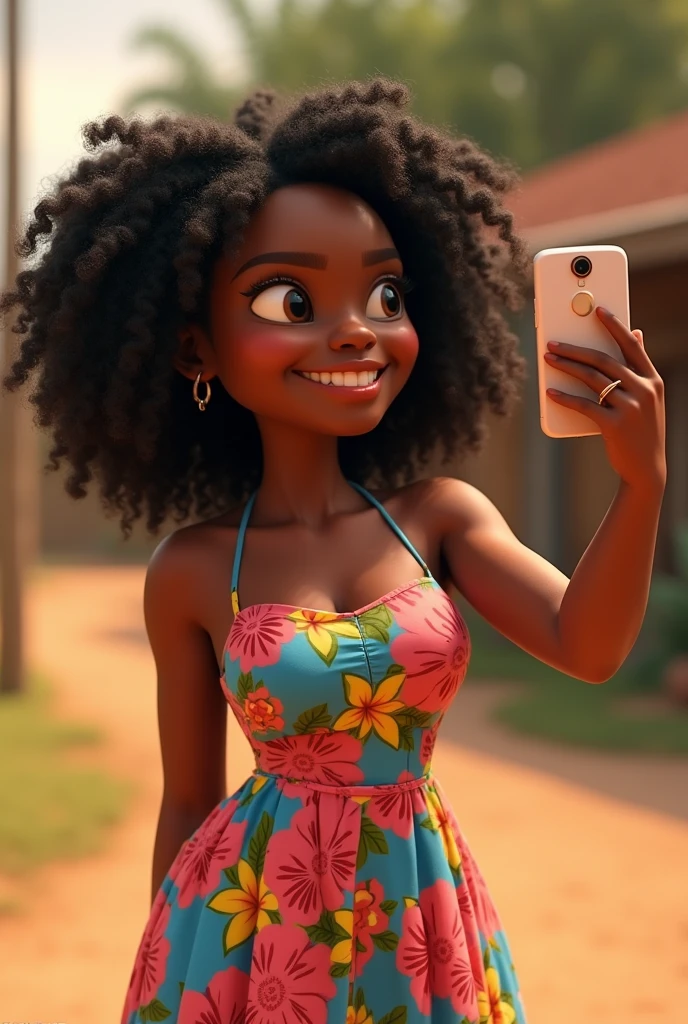 young woman lady standing full body, features of poverty low income skin medium brown tone large breasts, this woman is holding a cell phone in her hand and taking a selfie, her hair is curly, it is a type of curly, dense, very narrow spiral, woolly and frizzy hair 4c curvature and is combed back, the woman is wearing a printed dress full of colors and flowers, with a ring on the finger of her left hand and a watch on the wrist of her left arm pixar style art 3d realistic wat