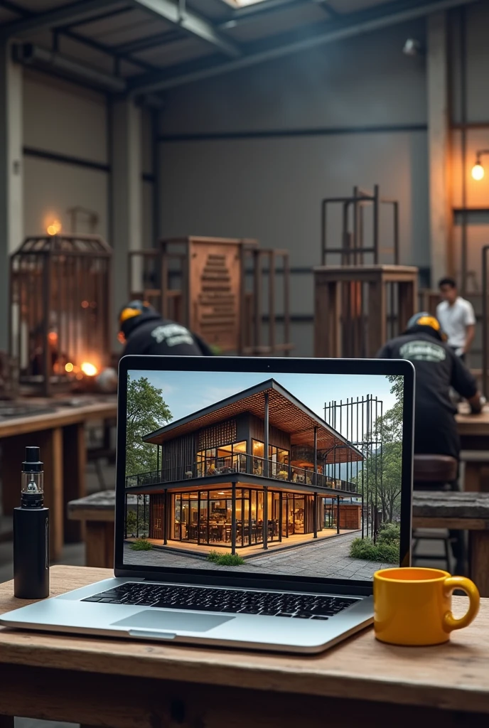 Laptop screen shot showing 3d design of iron frame cafe. Beside the laptop is a black vape the size of a finger and a yellow coffee cup.. Behind the laptop there are several welders welding iron fences and canopies in a large warehouse with lots of iron poles., there is an iron board written "lasvegas workshop" in Indonesian