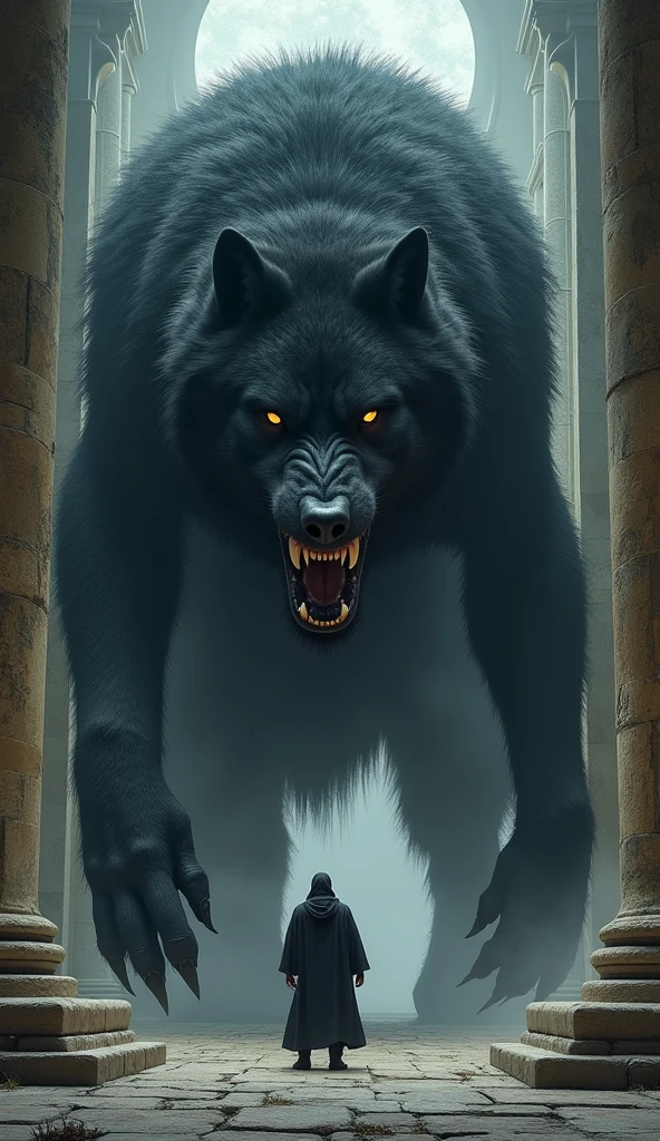 dine like Fenrir, giant wolf of norse mythology, he must be a wolf with completely black coloring, must be growling with his teeth exposed, saliva must be running down his mouth in front of him there must be a person. Fenrir should be proportionally gigantic next to the person. he must be chained to giant stone pillars.