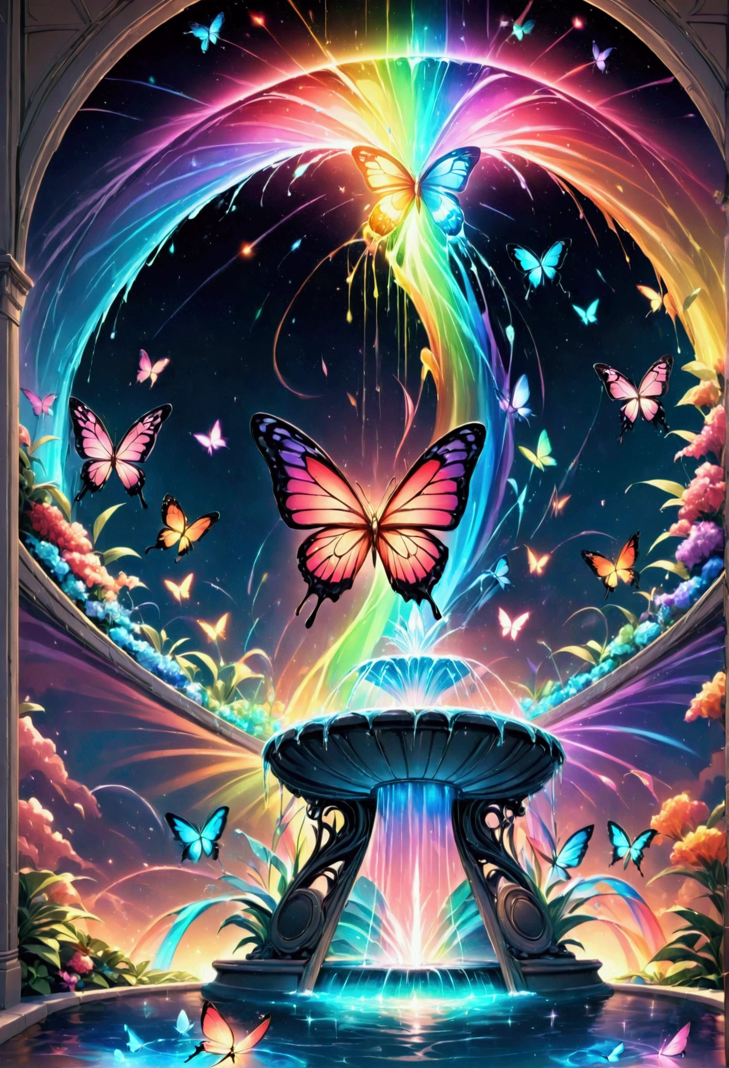 a magical water fountain made of a rainbow color of lights, fantastic butterflies, and a portal