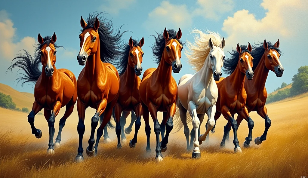 Create random classic masterpieces of Picasso in Ultra-High Definition, 64k resolution oil painting without a frame, using full dimensions of the selected resolution to fit the artwork image, finely detailed to perfection, art-punk, French style, countryside background, art germ, high-octane. A portrait of young untamed beautiful aggressive thoroughbred Wild Stallions running in wild field, an unreal engine, a master stroke of a legendary brush, a tribute to a legendary artist, super realistic, superhit,