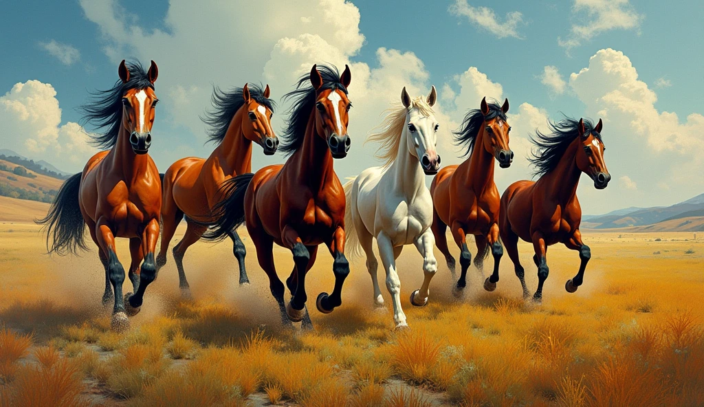 Create random classic masterpieces of Picasso in Ultra-High Definition, 64k resolution oil painting without a frame, using full dimensions of the selected resolution to fit the artwork image, finely detailed to perfection, art-punk, French style, countryside background, art germ, high-octane. A portrait of young untamed beautiful aggressive thoroughbred Wild Stallions running in wild field, an unreal engine, a master stroke of a legendary brush, a tribute to a legendary artist, super realistic, superhit,