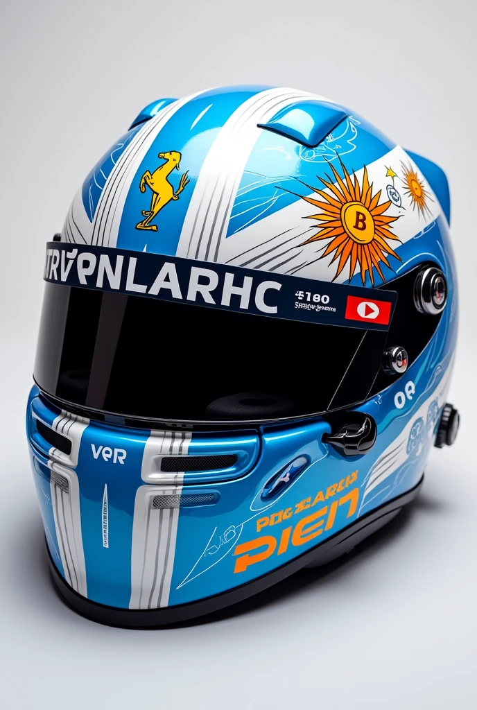 "A high-resolution close-up front view of a Formula 1 helmet designed for the Argentine driver Franco Colapinto. The helmet is predominantly sky blue and white, representing the colors of the Argentine flag. The design includes a stylized sun emblem from the flag on the forehead area, surrounded by subtle references to other iconic Argentine sports symbols, like the silhouette of a footballer kicking a ball and a polo player in motion. On each side of the helmet, the design integrates the distinctive Bizzarap logo in neon colors, blending into the background with dynamic music wave patterns, symbolizing energy and rhythm."Lateral: "A high-resolution side view of a Formula 1 helmet designed for Franco Colapinto. The side of the helmet features the Argentine flag colors, with a diagonal stripe of white and blue running across the side, intersected by stylized racing stripes in silver. The side also showcases a vibrant and modern design incorporating Bizzarap's signature elements, such as sound waves and abstract shapes that give a sense of speed and motion. Near the visor, there's a subtle reference to other popular Argentine sports icons, with small symbols of a basketball and rugby ball. The back part of the helmet has a sleek outline of the Obelisk of Buenos Aires, creating a connection to Franco’s hometown."Arriba: "A high-resolution top-down view of a Formula 1 helmet designed for Franco Colapinto. The top of the helmet prominently displays the Argentine sun symbol from the national flag, radiating outwards with a modern, geometric twist. Surrounding the sun, the design incorporates intricate patterns inspired by traditional Argentine art, blending with dynamic music elements and neon colors associated with Bizzarap. The overall look is sleek and sophisticated, with a mix of Argentine national pride, sporting heritage, and modern music culture