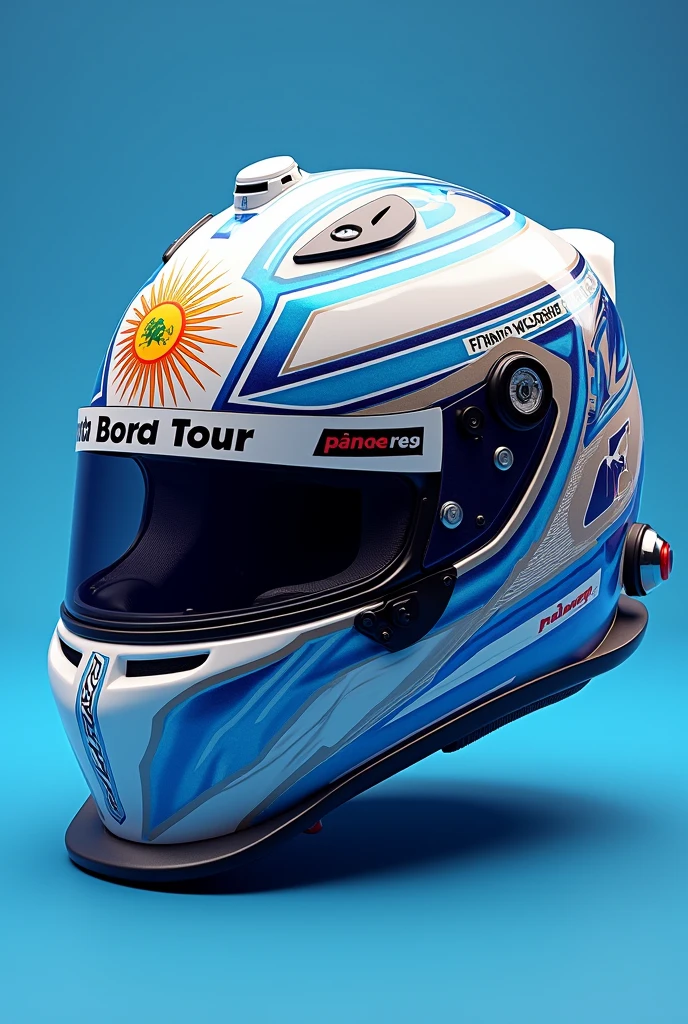 "A high-resolution close-up front view of a Formula 1 helmet designed for the Argentine driver Franco Colapinto. The helmet is predominantly sky blue and white, representing the colors of the Argentine flag. The design includes a stylized sun emblem from the flag on the forehead area, surrounded by subtle references to other iconic Argentine sports symbols, like the silhouette of a footballer kicking a ball and a polo player in motion. On each side of the helmet, the design integrates the distinctive Bizzarap logo in neon colors, blending into the background with dynamic music wave patterns, symbolizing energy and rhythm."Lateral: "A high-resolution side view of a Formula 1 helmet designed for Franco Colapinto. The side of the helmet features the Argentine flag colors, with a diagonal stripe of white and blue running across the side, intersected by stylized racing stripes in silver. The side also showcases a vibrant and modern design incorporating Bizzarap's signature elements, such as sound waves and abstract shapes that give a sense of speed and motion. Near the visor, there's a subtle reference to other popular Argentine sports icons, with small symbols of a basketball and rugby ball. The back part of the helmet has a sleek outline of the Obelisk of Buenos Aires, creating a connection to Franco’s hometown."Arriba: "A high-resolution top-down view of a Formula 1 helmet designed for Franco Colapinto. The top of the helmet prominently displays the Argentine sun symbol from the national flag, radiating outwards with a modern, geometric twist. Surrounding the sun, the design incorporates intricate patterns inspired by traditional Argentine art, blending with dynamic music elements and neon colors associated with Bizzarap. The overall look is sleek and sophisticated, with a mix of Argentine national pride, sporting heritage, and modern music culture