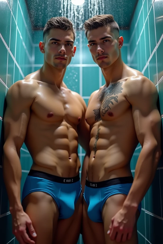 2 Young Male stripper with an athletisch look and chest tattoo which wears a bright blue jockstrap with with a black waistband a big bulge around others under the shower frontal look showingbass