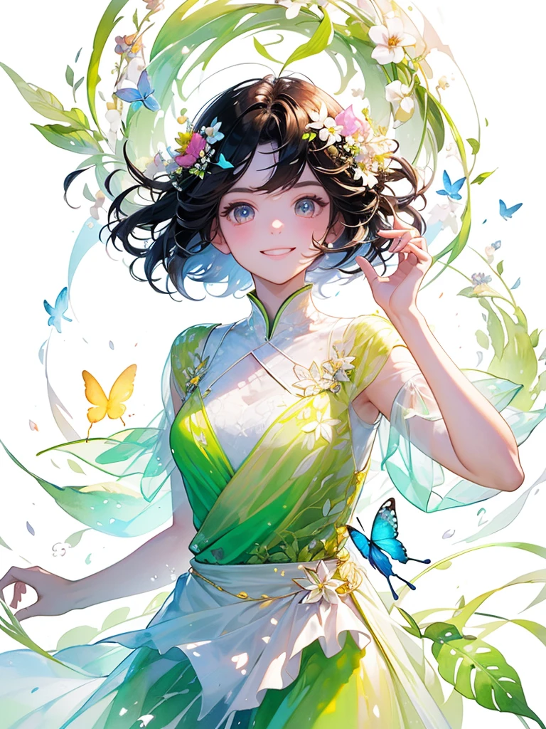 (masterpiece、Highest quality、Highest quality、Beautiful and beautiful:1.2)、Excellent anatomy、(Watercolor painting 1.5)、Composition looking up from a low position、Long Shot、Straight short hair picture、Beautiful smile、Butterfly fairy costume、Pure white、Pure、charm、Looking into the camera、Colorful flowers, Flowers and leaves green wind、Botanical Art, Mr.々A pose
